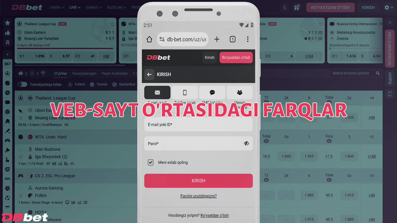 DBbet ilovasi va veb-sayti funksionallik jihatidan deyarli bir xil.