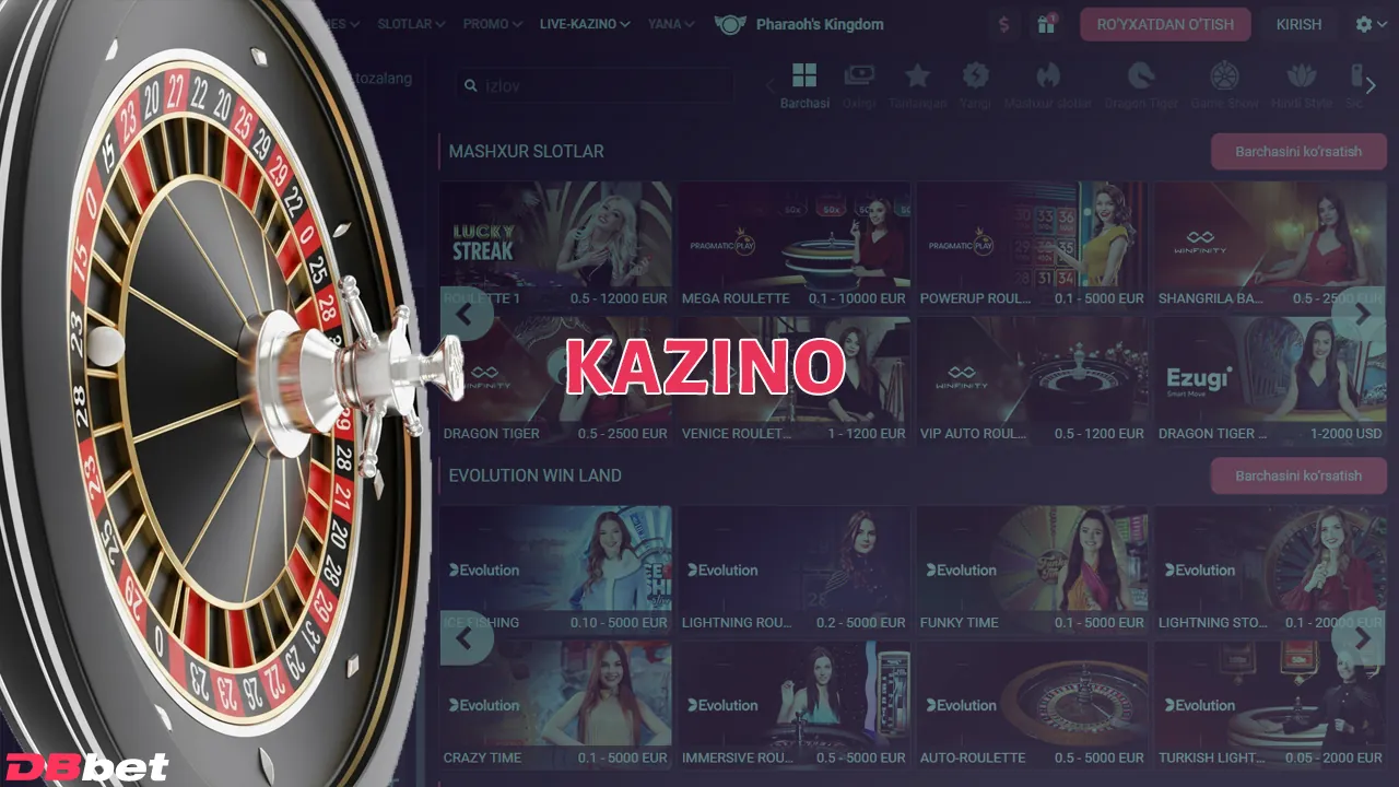 O‘zbekistondagi bukmekerlik kompaniyasi DBbet ham ruletka va slotlarga ega to‘laqonli onlayn kazino hisoblanadi.
